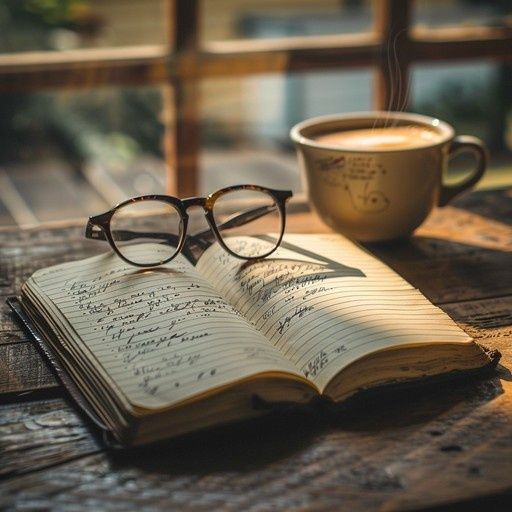 Open handwritten notebook, eyeglasses, and coffee cup on a wooden table